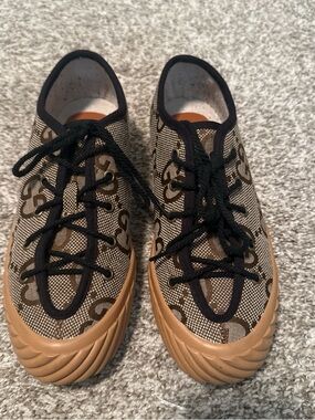 Gucci Monogram Canvas Lace-Up Sneakers in Brown & Black